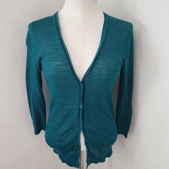Ann Taylor Sweaters - Ann Taylor Womens Teal Green V-Neck Button Front Cardigan Sweater Ramie Blend S